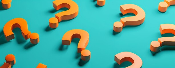 3D Isometric Orange Question Marks on Teal Background: Minimalist Style with Clear and Simple Design, 64:25 Aspect Ratio