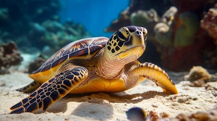 Obraz premium Endangered Hawksbill Turtle on Ocean Floor, Coral and Colorful Fish Neighbors, Distinct Shell Pattern, Perfect for Environmental Education