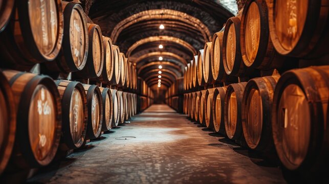 Whiskey Bourbon Scotch Wine Barrels in Aging Facility: Detailed Interior with Rustic Charm, 16:9 Aspect Ratio - Powered by Adobe