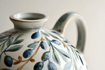  a ceramic olive oil dispenser with a spout, the surface adorned with hand-painted olive branches