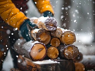 Person stacking firewood in a snowy forest during winter while softly falling snowflakes create a serene atmosphere
