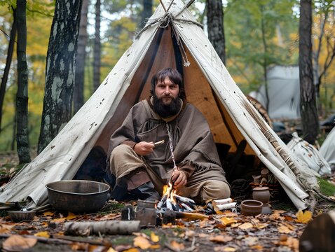 A man sitting by a campfire outside a tent in a forest during autumn with vibrant leaves scattered around