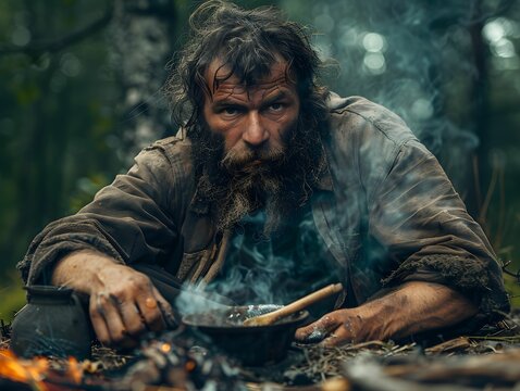 A rugged man cooking over an open fire in a dense forest during the early evening hours, surrounded by smoke and nature