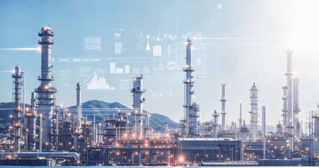 Modern Oil Refinery with Digital Data Overlay: Industry 4.0, Automation, and Data Analysis in Manufacturing.  Smart Factory & Industrial Automation
