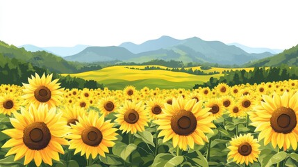 Fototapeta premium A set of sunflower fields, expansive views with multiple blooms, bright and serene, flat , isolated on white background