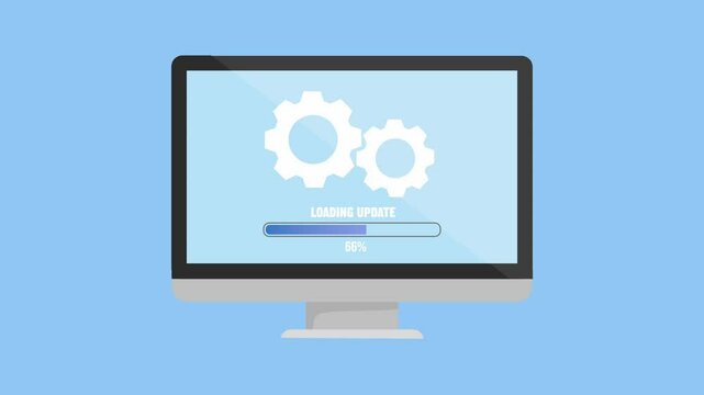 Animated computer appearing. Cogwheels turning inside the screen of the device. Progress bar underneath. Computer doing an update. Blue background and green screen background.