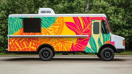 Food truck with vibrant cultural motifs, serving traditional ethnic foods, rich flavors, authentic experience