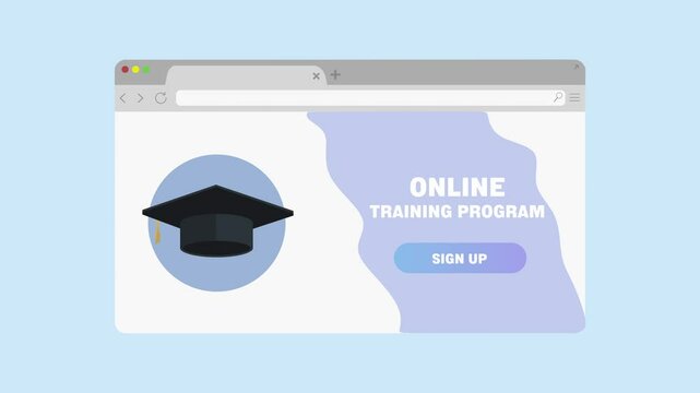 Browser window appearing. Graduation cap inside with „Online University. Sign up“ written next to it. Signing up for online university. Blue background and green screen background.