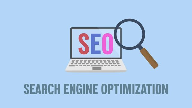 SEO written in the middle of an animated computer. "Search engine optimization&ldquo; written underneath. Web design themed animation. Blue background and green screen background.