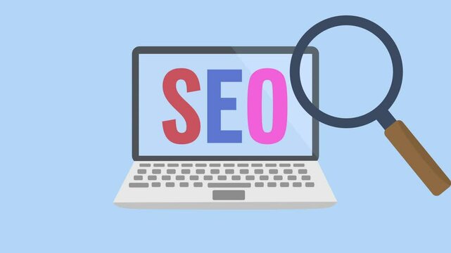 SEO written in the middle of an animated computer. Magnifying glass swaying over it. Search engine optimization. Web design themed animation. Blue background and green screen background.