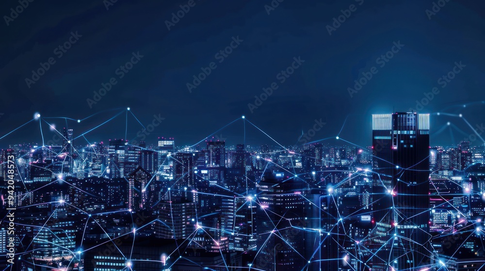 Wall mural night cityscape with network connections