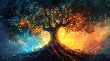 Fototapeta premium A towering tree with a vibrant aura, its roots entwined with the spirits of the earth, tree spirit empower, natures guardian empowerment