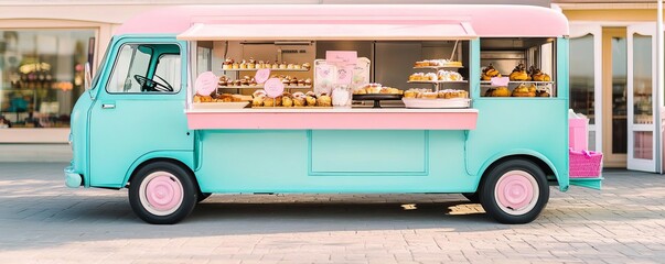 Mobile bakery truck with a vintage, Parisian feel, serving French pastries and desserts, elegant treats, cultural charm