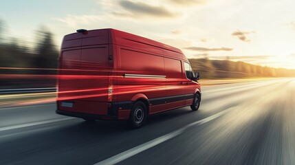 Obraz premium Speeding Red Delivery Van Driving on Highway at Sunset, Fast and Efficient Transportation