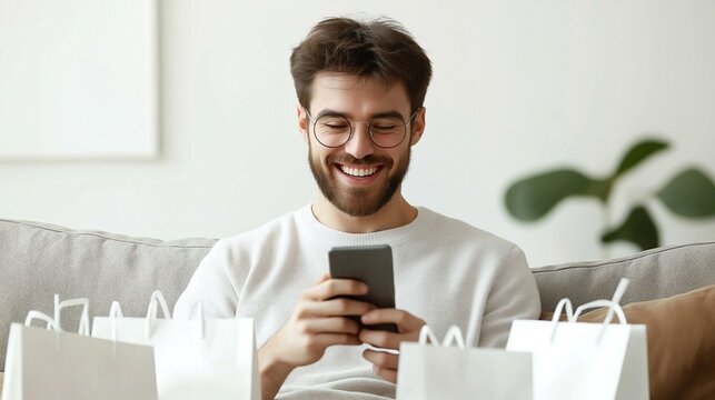 Online shopping satisfaction, man smiling at smartphone surrounded by shopping bags, digital consumer experience