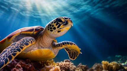 Obraz premium Endangered Hawksbill Turtle on Coral Reef, Beak and Shell Detail Prominent, Perfect for Environmental Education