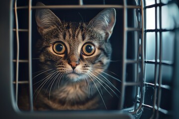 Curious cat peeking out from inside a pet carrier with wide eyes. Perfect for themes related to travel, pet care, or veterinary services.