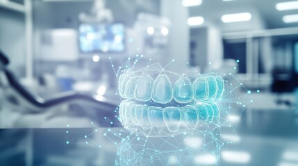 Futuristic dental technology, holographic digital teeth model, advanced dental care in modern clinic. Concept of innovation in orthodontics and 3D dental diagnostics