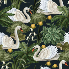 Seamless pattern with white swan and plants. Vector. © Yumeee