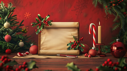 Christmas scroll with decorations on a red background