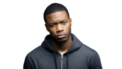 Serious Black man in a hoodie, looking intensely at the camera