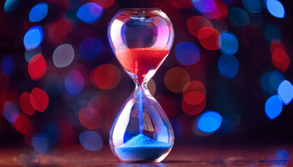 An hourglass filled with red, white, and blue sand slowly running out