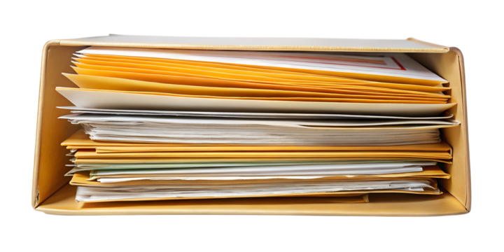 Side view of a large stack of office files in a folder, displaying clutter and archiving needs, transparent PNG file
