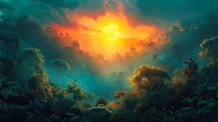 Lush Jungle Landscape with Vibrant Sunset Sky

