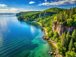 Fototapeta premium Serene landscape of Lake Superior's shoreline, featuring a sweeping outline of the world's largest freshwater lake, surrounded by lush green forests and rocky cliffs.