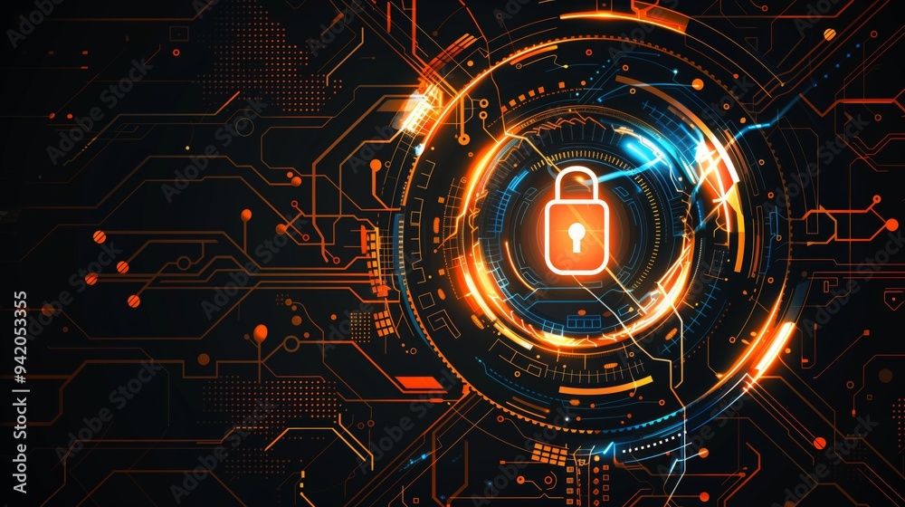 Poster A hightech cybersecurity image featuring a glowing digital lock and dynamic circuit board background, ideal for showcasing modern data protection and information safety in the digital age