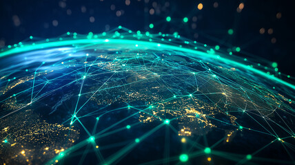 global network concept , CRAM , neon green lights showing inter linked connection , 32k , high resolution 