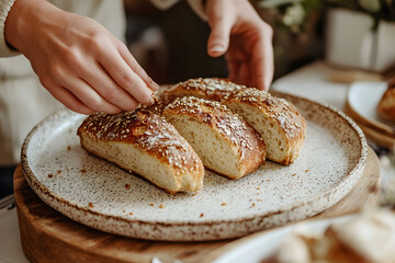 hands carefully arranging freshly baked bread on a large, ceramic platter with a speckled glaze - Powered by Adobe