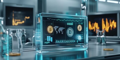 Fototapeta premium A futuristic display shows Bitcoin data in a lab.