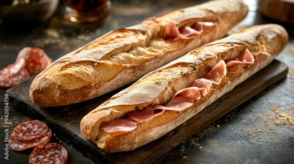 Poster Two fresh baguettes filled with salami and ham, served on a rustic wooden board. The sandwiches are perfect for a quick and satisfying meal.