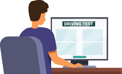 Young man is taking his driving test on a computer, concentrating on the questions