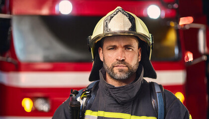 Obraz premium Close-up portrait of a firefighter with soot-streaked face, intense gaze