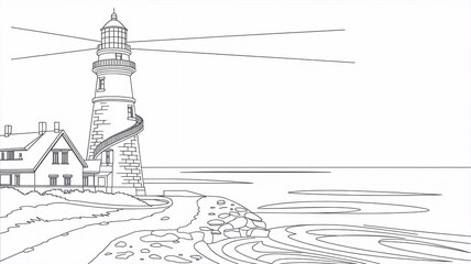 Lighthouse near the sea coloring page. Coloring book for children. 