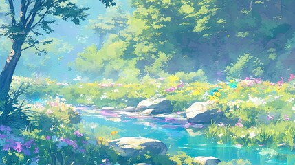 Soothing anime garden soft pastel hues gentle stream blooming flowers peaceful retreat relaxing ambiance
