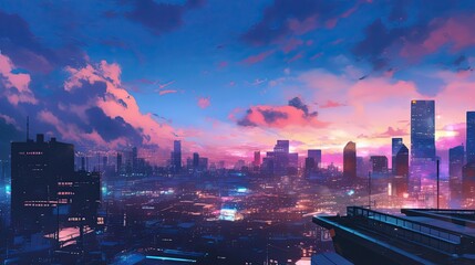 Fototapeta premium Vibrant cityscape with glowing neon lights under a twilight sky Matte color anime visualization