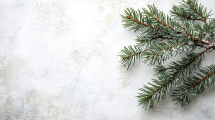 pine branch with delicate needles on a snow-white background, with subtle textures and ample space for text
