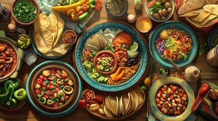 Fototapeta premium A Feast of Mexican Dishes on a Rustic Table