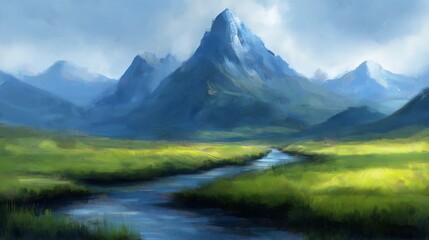 Fototapeta premium mountain landscape stream running paint tool grasslands gathering streaming sword wand deep blue grass coherent peaks