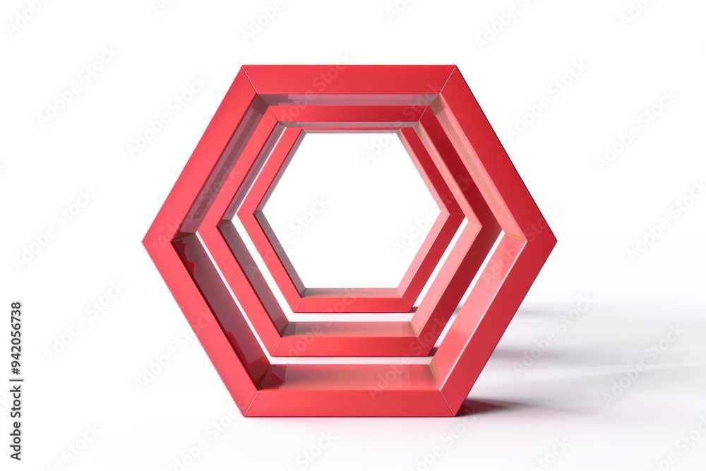 Poster a single red hexagon shape on a white surface, isolated