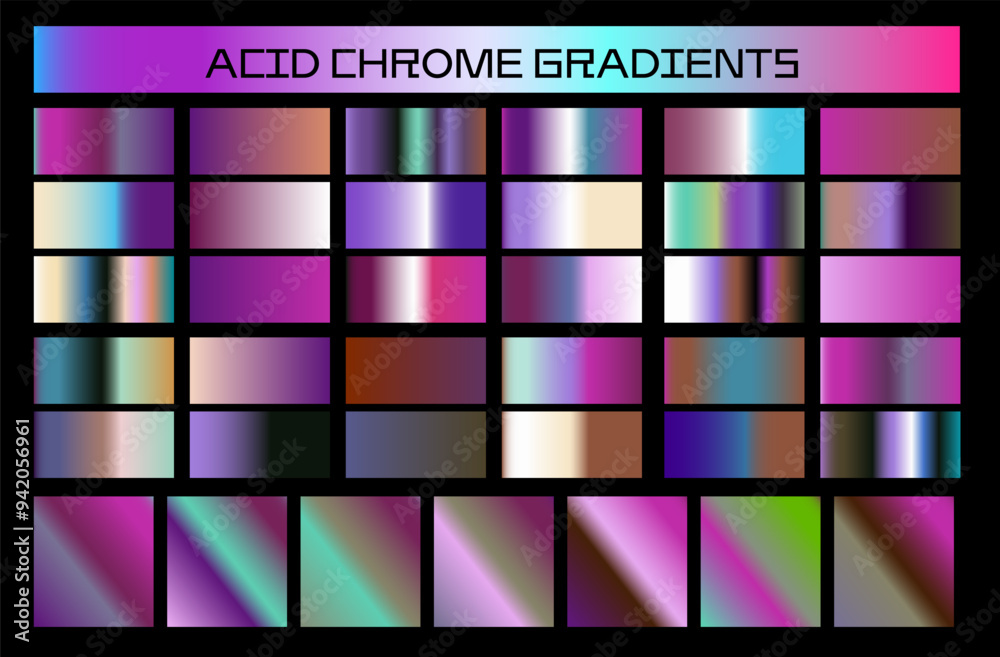 Poster chrome gradients of holographic colors for vector art and design. retrowave style palette.
