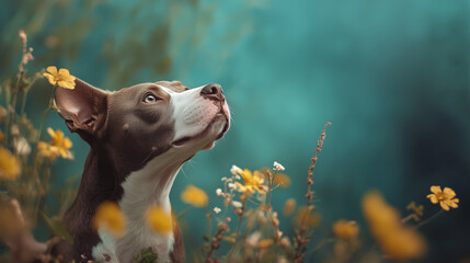 close-up portrait of a cute pit bull dog standing in flowers, looking up at the sky