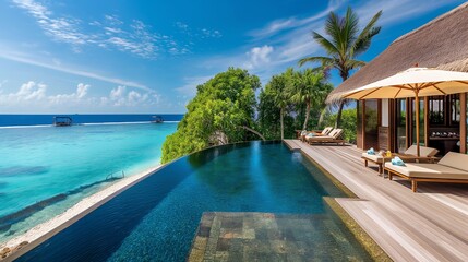 Fototapeta premium Infinity pool at a luxury tropical resort overlooking the turquoise ocean under a clear blue sky.