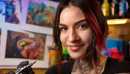Fototapeta premium Headshot of a tattoo artist with intricate face tattoos and piercings