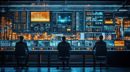Business executives in a factory control center, focusing on real-time data monitoring (focus on, real-time data theme, realistic, fusion, control room backdrop)