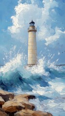 lighthouse shore waves crashing inspiring oil splashing deep anomalous object standing confidently white paint