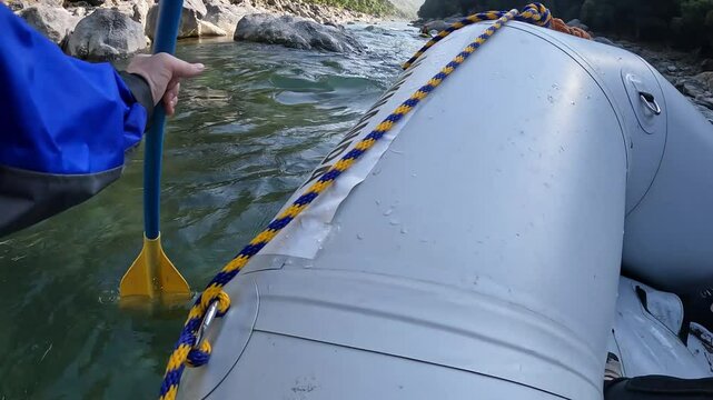 A whitewater rafting adventure on the famous Rishikesh River in India. This high-quality footage captures a group of thrill-seekers navigating the river's powerful rapids and intense rush.